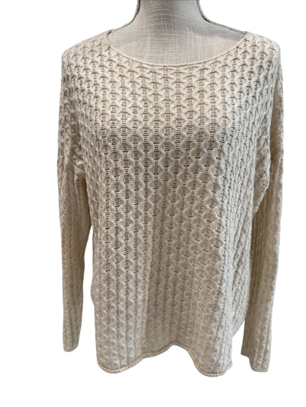 JCP Ivory Open-Knit Round Neck Long Sleeve Women's Sweater Size L